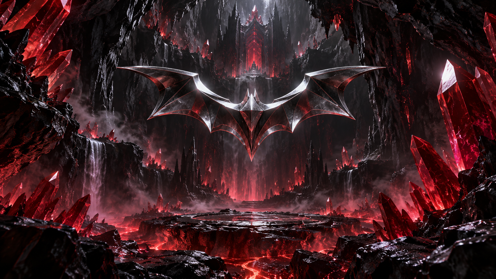 A metallic bat above a glowing crimson crystal cavern